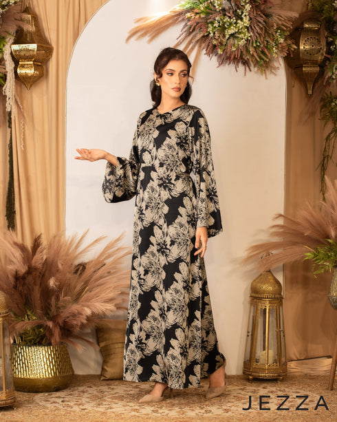 Satin Dress with Printed Statement Sleeves 62781